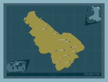 Flintshire, Galler Bölgesi - Büyük Britanya. Katı renk şekli. Bölgenin büyük şehirlerinin yerleri ve isimleri. Köşedeki yedek konum haritaları