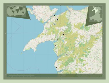 Gwynedd, Galler Bölgesi - Büyük Britanya. Açık Sokak Haritası. Bölgenin büyük şehirlerinin yerleri. Köşedeki yedek konum haritaları