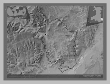 Monmouthshire, Galler Bölgesi - Büyük Britanya. Gölleri ve nehirleri olan gri tonlama yükseklik haritası. Bölgenin büyük şehirlerinin yerleri ve isimleri. Köşedeki yedek konum haritaları