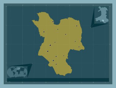 Port Talbot yakınlarında, Galler Bölgesi - Büyük Britanya. Katı renk şekli. Bölgenin büyük şehirlerinin yerleri. Köşedeki yedek konum haritaları