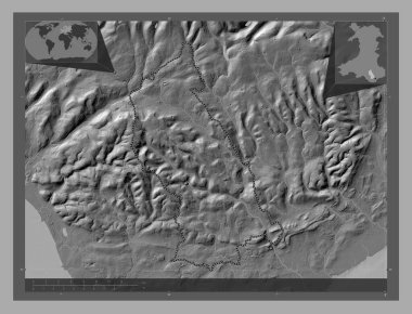 Rhondda Cynon Taf, Galler Bölgesi - Büyük Britanya. Göllü ve nehirli çift katlı yükseklik haritası. Köşedeki yedek konum haritaları