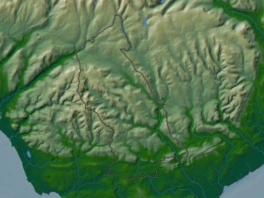 Rhondda Cynon Taf, Galler Bölgesi - Büyük Britanya. Gölleri ve nehirleri olan renkli yükseklik haritası