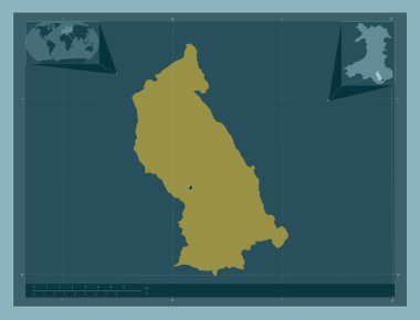 Rhondda Cynon Taf, Galler Bölgesi - Büyük Britanya. Katı renk şekli. Köşedeki yedek konum haritaları