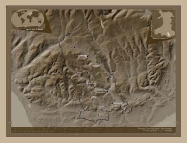 Rhondda Cynon Taf, Galler Bölgesi - Büyük Britanya. Yükseklik haritası sepya tonlarında göller ve nehirlerle renklendirilmiş. Bölgenin büyük şehirlerinin yerleri ve isimleri. Köşedeki yedek konum haritaları