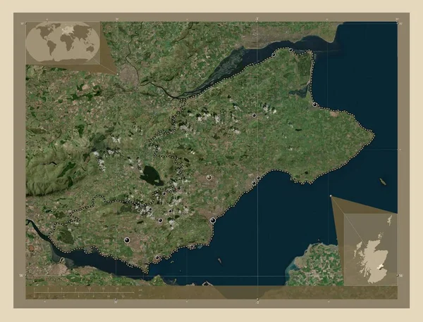 スコットランドの地域 イギリス 高解像度衛星地図 地域の主要都市の場所 コーナー補助位置図 — ストック写真