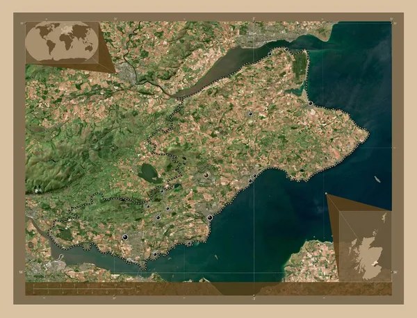 スコットランドの地域 イギリス 低解像度衛星地図 地域の主要都市の場所 コーナー補助位置図 — ストック写真