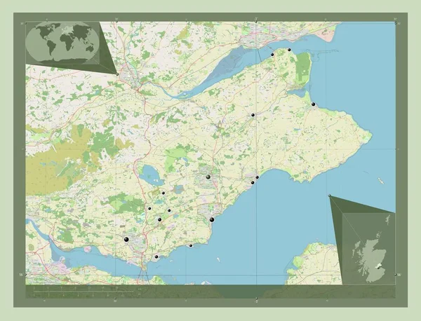 苏格兰地区 大不列颠 开放街道地图 该区域主要城市的所在地点 角辅助位置图 — 图库照片