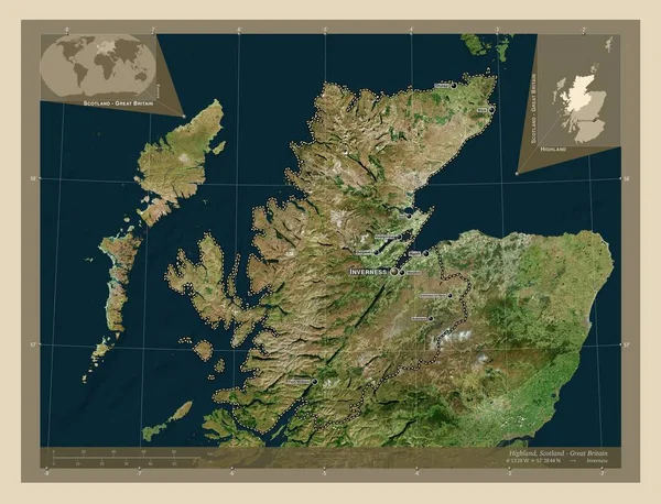 ハイランド スコットランドの地域 イギリス 高解像度衛星地図 地域の主要都市の位置と名前 コーナー補助位置図 — ストック写真