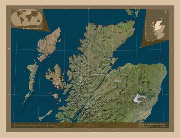 ハイランド スコットランドの地域 イギリス 低解像度衛星地図 地域の主要都市の位置と名前 コーナー補助位置図 — ストック写真