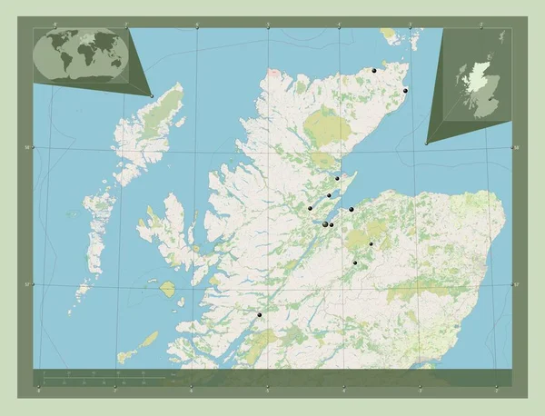苏格兰高地 苏格兰地区 大不列颠 开放街道地图 该区域主要城市的所在地点 角辅助位置图 — 图库照片