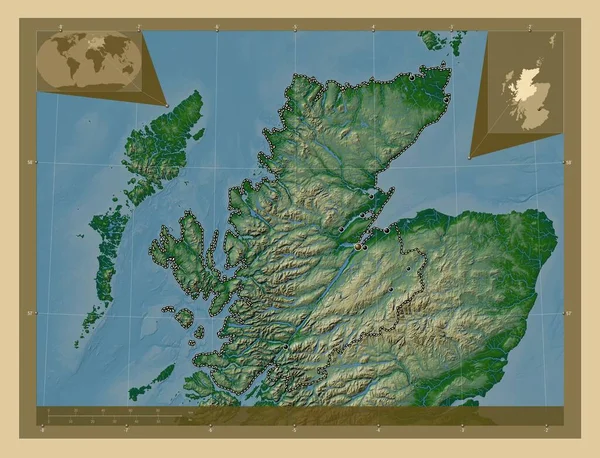 苏格兰高地 苏格兰地区 大不列颠 有湖泊和河流的彩色高程图 该区域主要城市的所在地点 角辅助位置图 — 图库照片