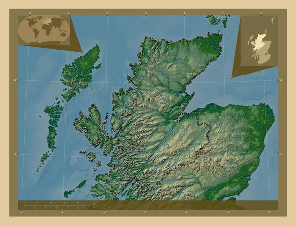 苏格兰高地 苏格兰地区 大不列颠 有湖泊和河流的彩色高程图 角辅助位置图 — 图库照片