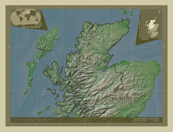 ハイランド スコットランドの地域 イギリス 湖や川とWikiスタイルで着色された標高マップ 地域の主要都市の位置と名前 コーナー補助位置図 — ストック写真