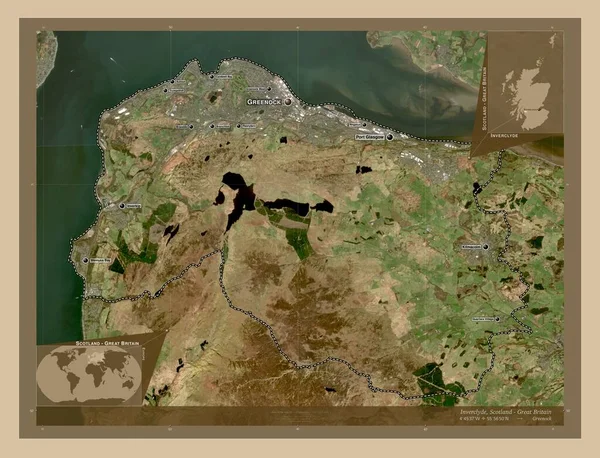 インバークライド スコットランドの地域 イギリス 低解像度衛星地図 地域の主要都市の位置と名前 コーナー補助位置図 — ストック写真