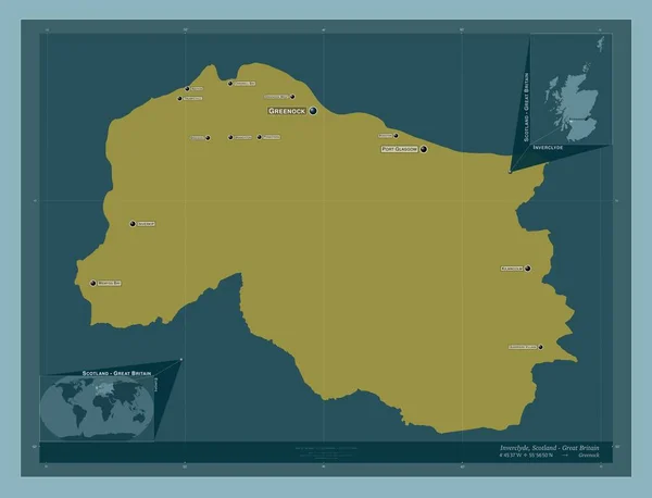 インバークライド スコットランドの地域 イギリス しっかりした色の形 地域の主要都市の位置と名前 コーナー補助位置図 — ストック写真