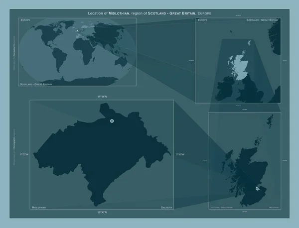 stock image Midlothian, region of Scotland - Great Britain. Diagram showing the location of the region on larger-scale maps. Composition of vector frames and PNG shapes on a solid background