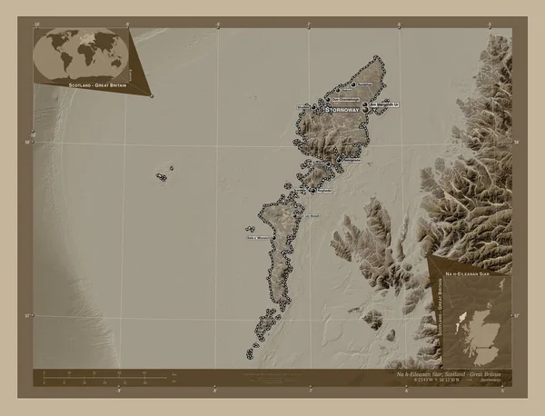 Eileanan Siar Skoçya Bölgesi Büyük Britanya Yükseklik Haritası Sepya Tonlarında — Stok fotoğraf