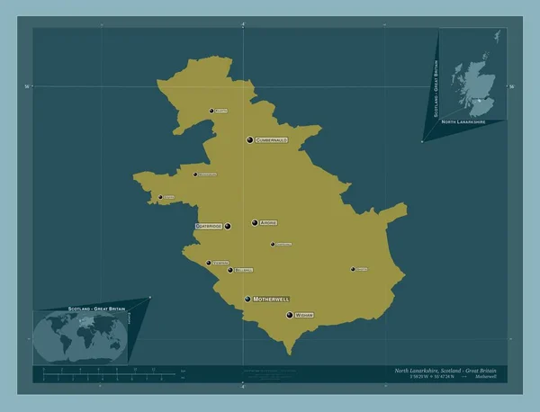 ノース ラナークシャー スコットランドの地域 イギリス しっかりした色の形 地域の主要都市の位置と名前 コーナー補助位置図 — ストック写真