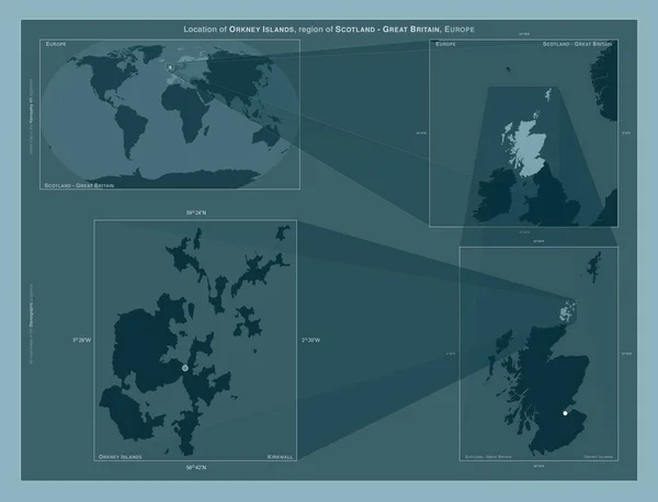 Orkney Islands, region of Scotland - Great Britain. Diagram showing the location of the region on larger-scale maps. Composition of vector frames and PNG shapes on a solid background