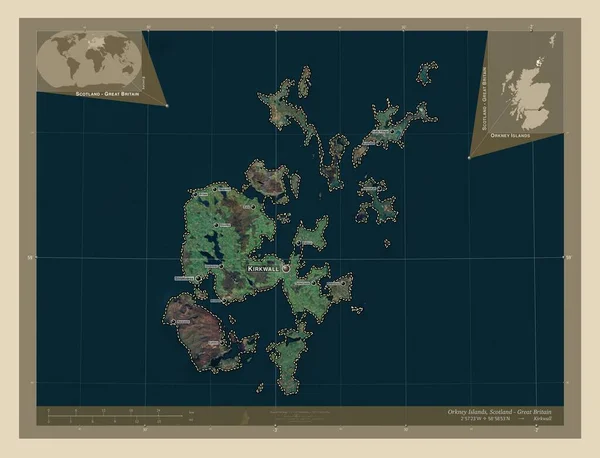 奥克尼群岛 苏格兰地区 大不列颠 高分辨率卫星地图 该区域主要城市的地点和名称 角辅助位置图 — 图库照片