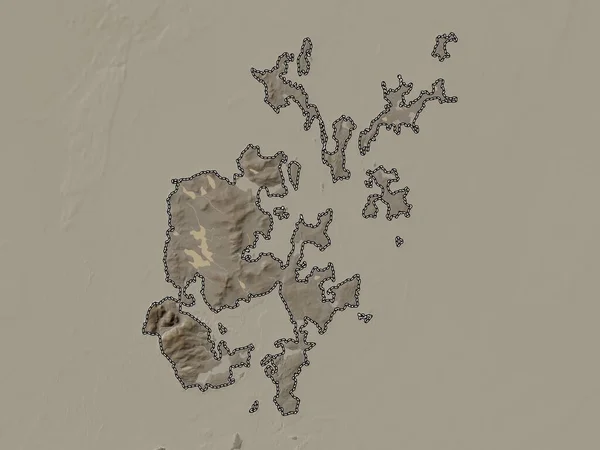 Orkney Islands, region of Scotland - Great Britain. Elevation map colored in sepia tones with lakes and rivers