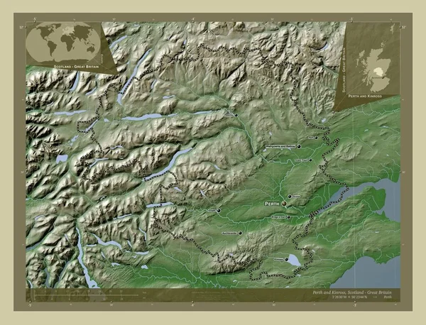 珀斯和金罗斯 苏格兰地区 大不列颠 用Wiki风格绘制的带有湖泊和河流的高程地图 该区域主要城市的地点和名称 角辅助位置图 — 图库照片