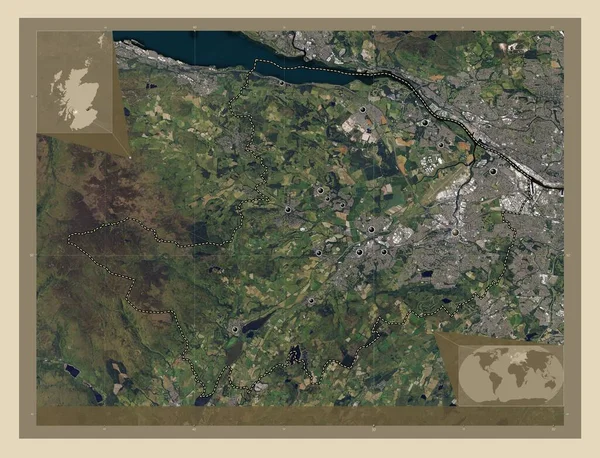 苏格兰区域的伦弗罗文郡 大不列颠 高分辨率卫星地图 该区域主要城市的所在地点 角辅助位置图 — 图库照片