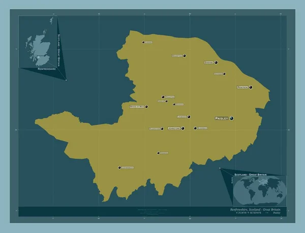 苏格兰区域的伦弗罗文郡 大不列颠 固体的颜色形状 该区域主要城市的地点和名称 角辅助位置图 — 图库照片