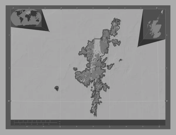 设得兰群岛 苏格兰地区 大不列颠 带湖泊和河流的比尔维尔高程图 该区域主要城市的所在地点 角辅助位置图 — 图库照片