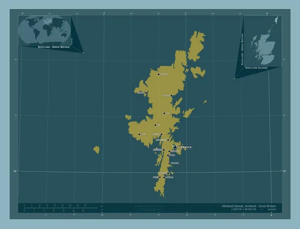 シェトランド諸島 スコットランドの地域 イギリス しっかりした色の形 地域の主要都市の位置と名前 コーナー補助位置図 — ストック写真