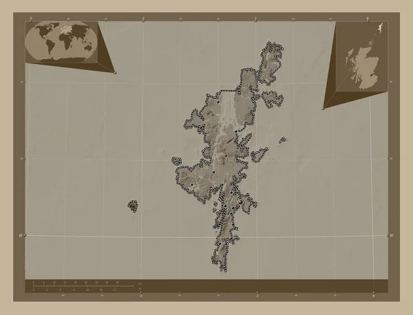 Shetlandské Ostrovy Region Skotsko Velká Británie Zdvihová Mapa Zbarvená Sépiovými — Stock fotografie