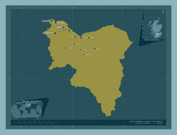 南格陵兰 苏格兰地区 大不列颠 固体的颜色形状 该区域主要城市的地点和名称 角辅助位置图 — 图库照片