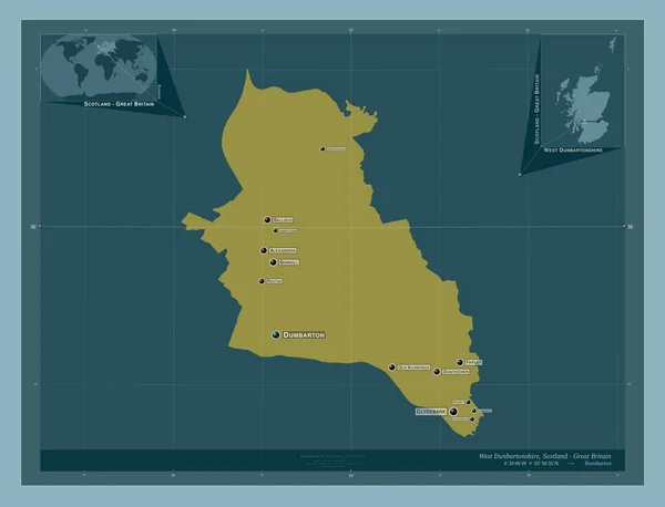 stock image West Dunbartonshire, region of Scotland - Great Britain. Solid color shape. Locations and names of major cities of the region. Corner auxiliary location maps