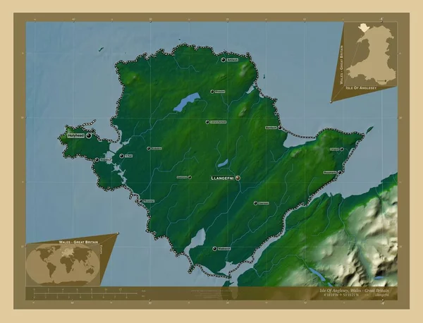 Νήσος Anglesey Περιφέρεια Ουαλίας Μεγάλη Βρετανία Χρωματιστός Υψομετρικός Χάρτης Λίμνες — Φωτογραφία Αρχείου