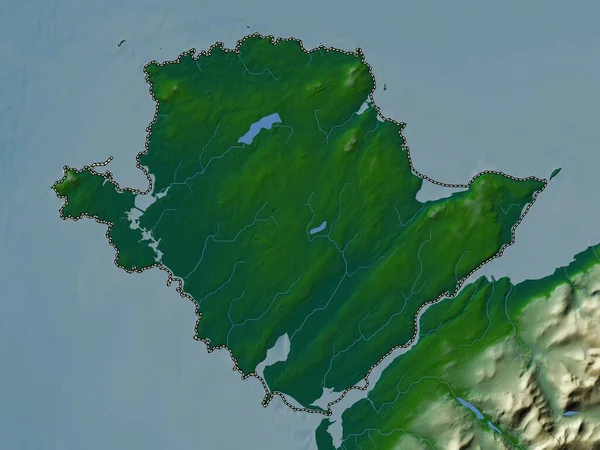 アングルシー島 ウェールズの地域 イギリス 湖や川と色の標高マップ — ストック写真