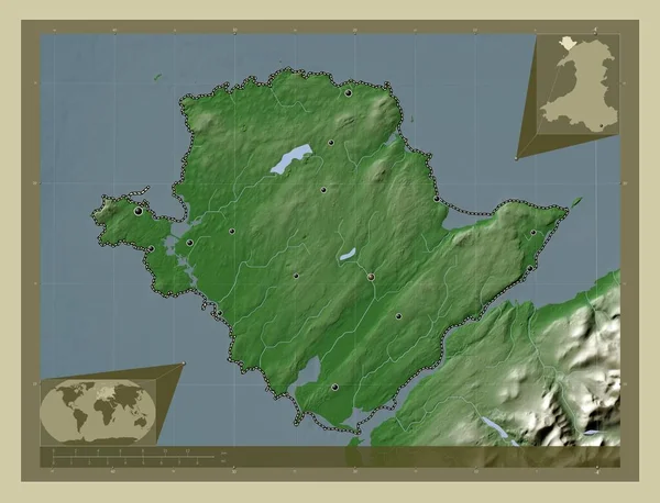 格恩内西岛 威尔士地区 大不列颠 用Wiki风格绘制的带有湖泊和河流的高程地图 该区域主要城市的所在地点 角辅助位置图 — 图库照片