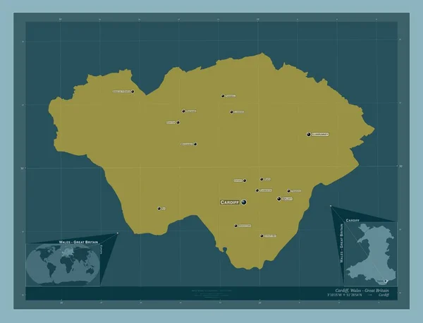 加的夫 威尔士地区 大不列颠 固体的颜色形状 该区域主要城市的地点和名称 角辅助位置图 — 图库照片