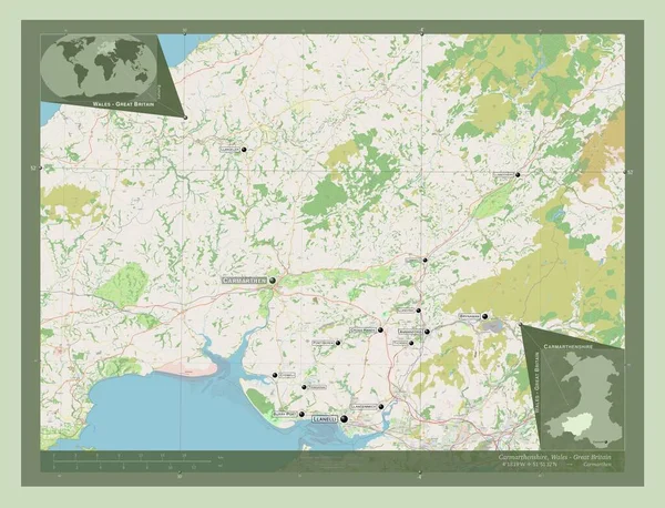 カーマレンシャー ウェールズの地域 イギリス ストリートマップを開く 地域の主要都市の位置と名前 コーナー補助位置図 — ストック写真