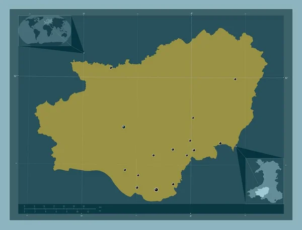 英国威尔士地区的卡马尔森郡 固体的颜色形状 该区域主要城市的所在地点 角辅助位置图 — 图库照片