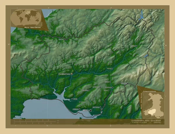 Кармартеншир Регион Уэльс Великобритания Цветная Карта Высоты Озерами Реками Места — стоковое фото