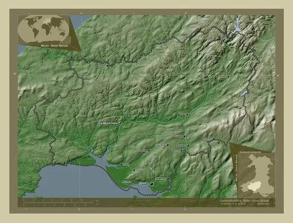 英国威尔士地区的卡马尔森郡 用Wiki风格绘制的带有湖泊和河流的高程地图 该区域主要城市的地点和名称 角辅助位置图 — 图库照片