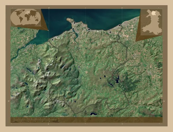 威尔士地区 大不列颠 低分辨率卫星地图 该区域主要城市的所在地点 角辅助位置图 — 图库照片