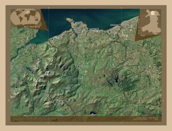 威尔士地区 大不列颠 低分辨率卫星地图 该区域主要城市的地点和名称 角辅助位置图 — 图库照片