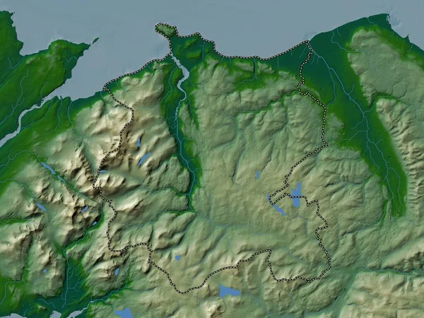 stock image Conwy, region of Wales - Great Britain. Colored elevation map with lakes and rivers