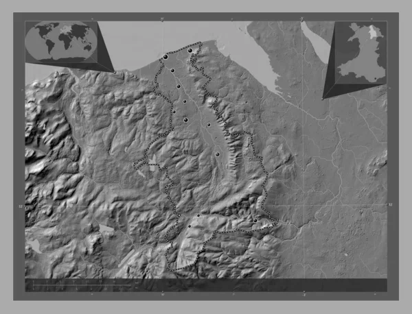 Denbighshire Regio Wales Groot Brittannië Hoogteplattegrond Met Meren Rivieren Locaties — Stockfoto