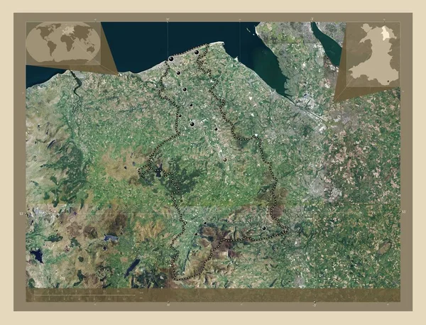 丹比郡 威尔士地区 大不列颠 高分辨率卫星地图 该区域主要城市的所在地点 角辅助位置图 — 图库照片