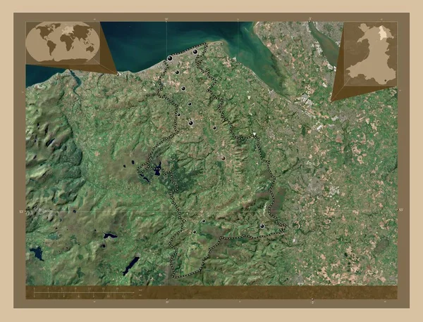 丹比郡 威尔士地区 大不列颠 低分辨率卫星地图 该区域主要城市的所在地点 角辅助位置图 — 图库照片