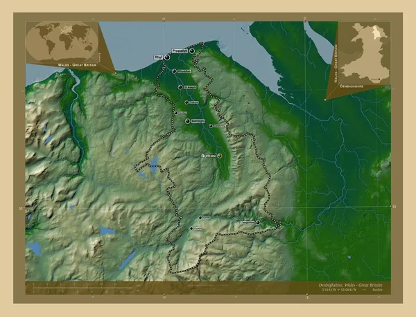 Денбишир Регион Уэльс Великобритания Цветная Карта Высоты Озерами Реками Места — стоковое фото