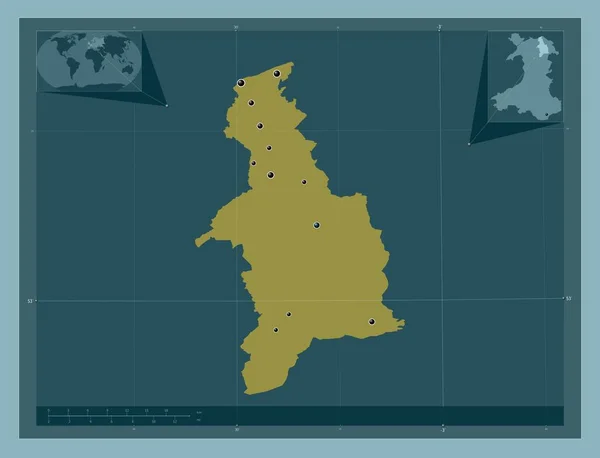 丹比郡 威尔士地区 大不列颠 固体的颜色形状 该区域主要城市的所在地点 角辅助位置图 — 图库照片