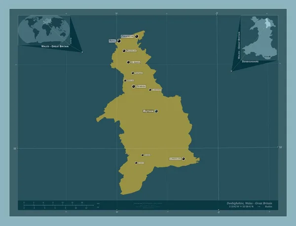丹比郡 威尔士地区 大不列颠 固体的颜色形状 该区域主要城市的地点和名称 角辅助位置图 — 图库照片